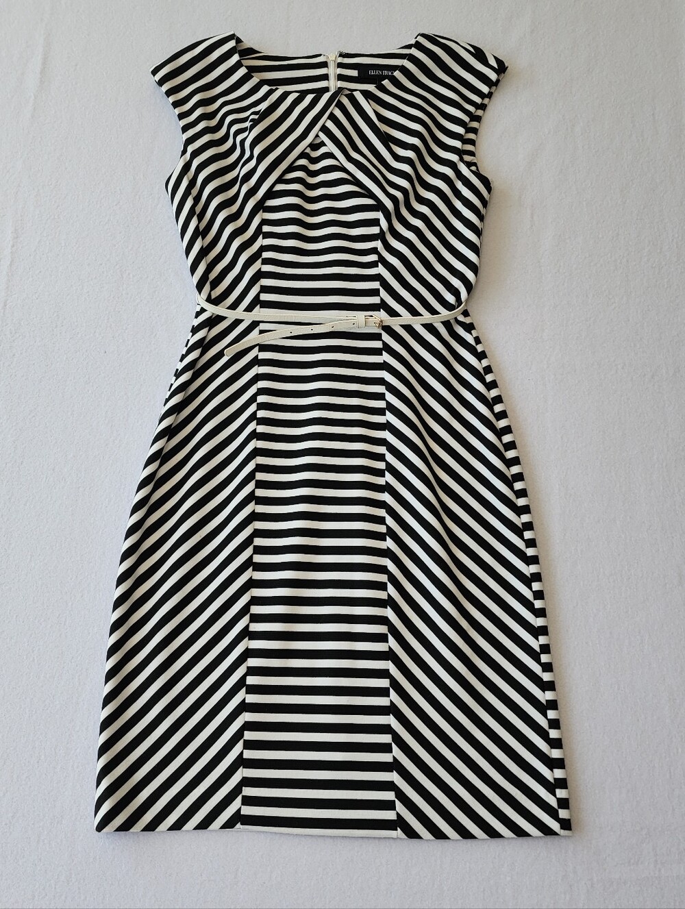 Ellen Tracy Black White Striped Sheath Dress Career Work Office Size 4